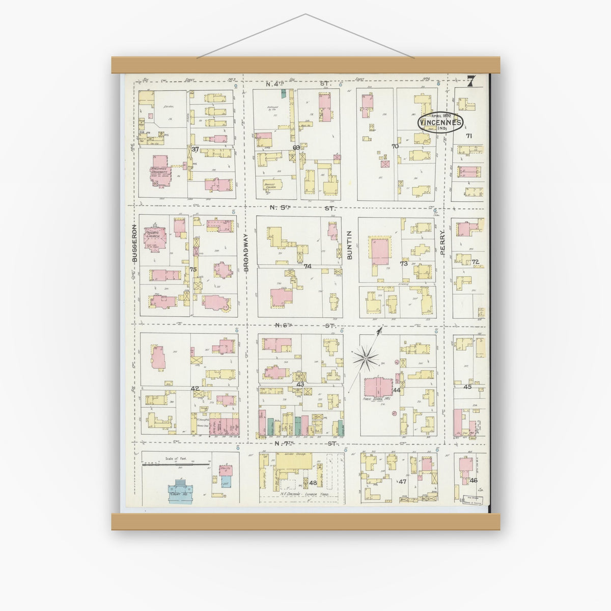 Old map wall art mockup — magnetic wood frame on white wall — Sanborn Fire Insurance Map from Vincennes, Knox County, Indiana (1892), Sheet #0007