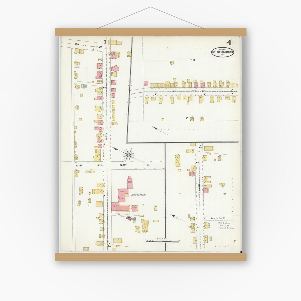 Old map wall art mockup — magnetic wood frame on white wall — Sanborn Fire Insurance Map from McSherrystown, Adams County, Pennsylvania (1904), Sheet #0004