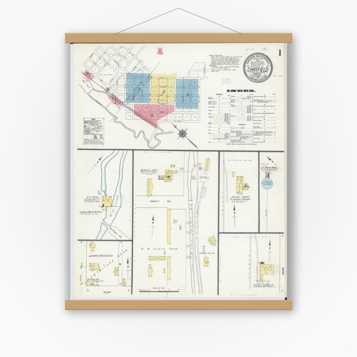 Old map wall art mockup — magnetic wood frame on white wall — Sanborn Fire Insurance Map from Chatfield, Fillmore And Olmsted Counties, Minnesota (1910) - Complete Map Set