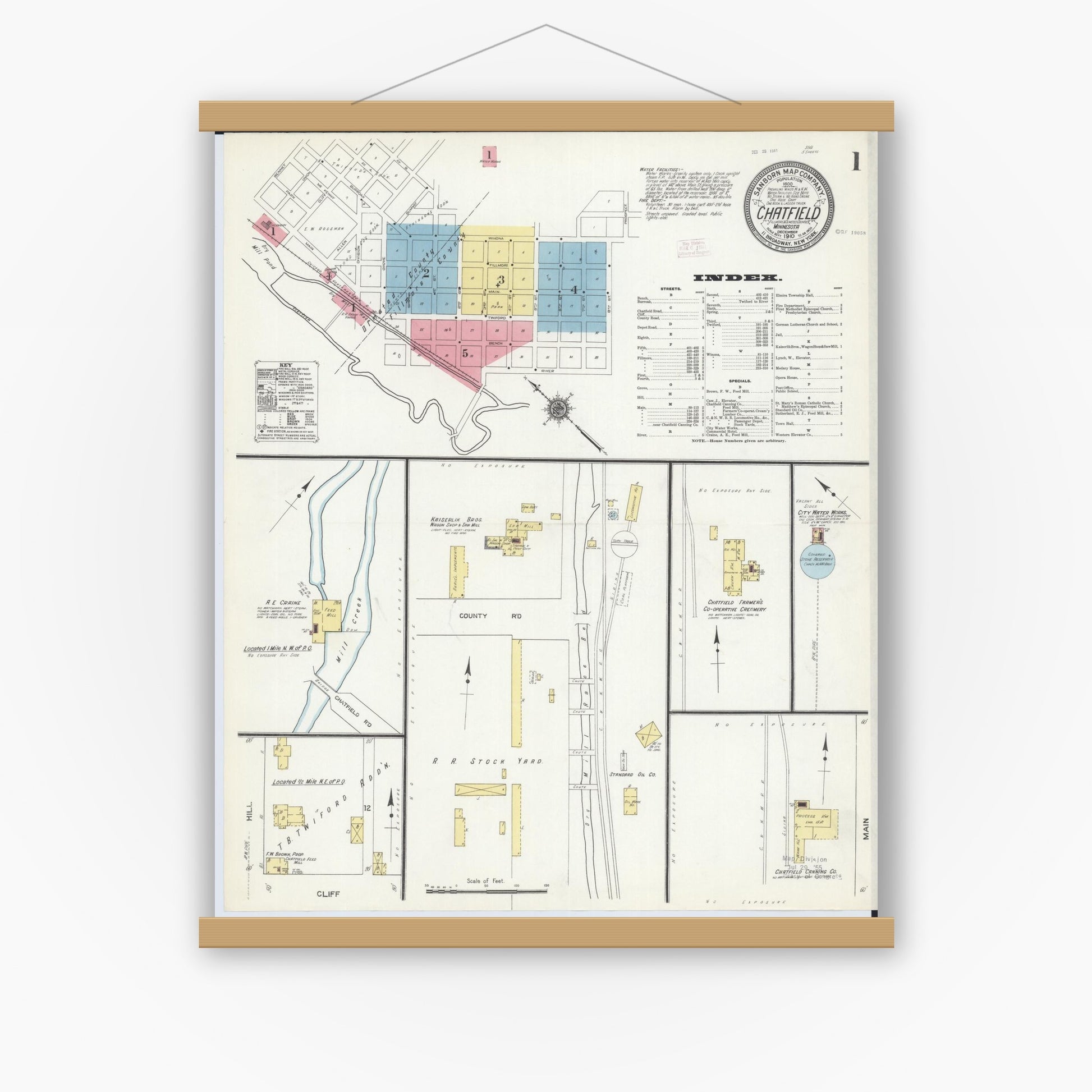 Old map wall art mockup — magnetic wood frame on white wall — Sanborn Fire Insurance Map from Chatfield, Fillmore And Olmsted Counties, Minnesota (1910) - Complete Map Set