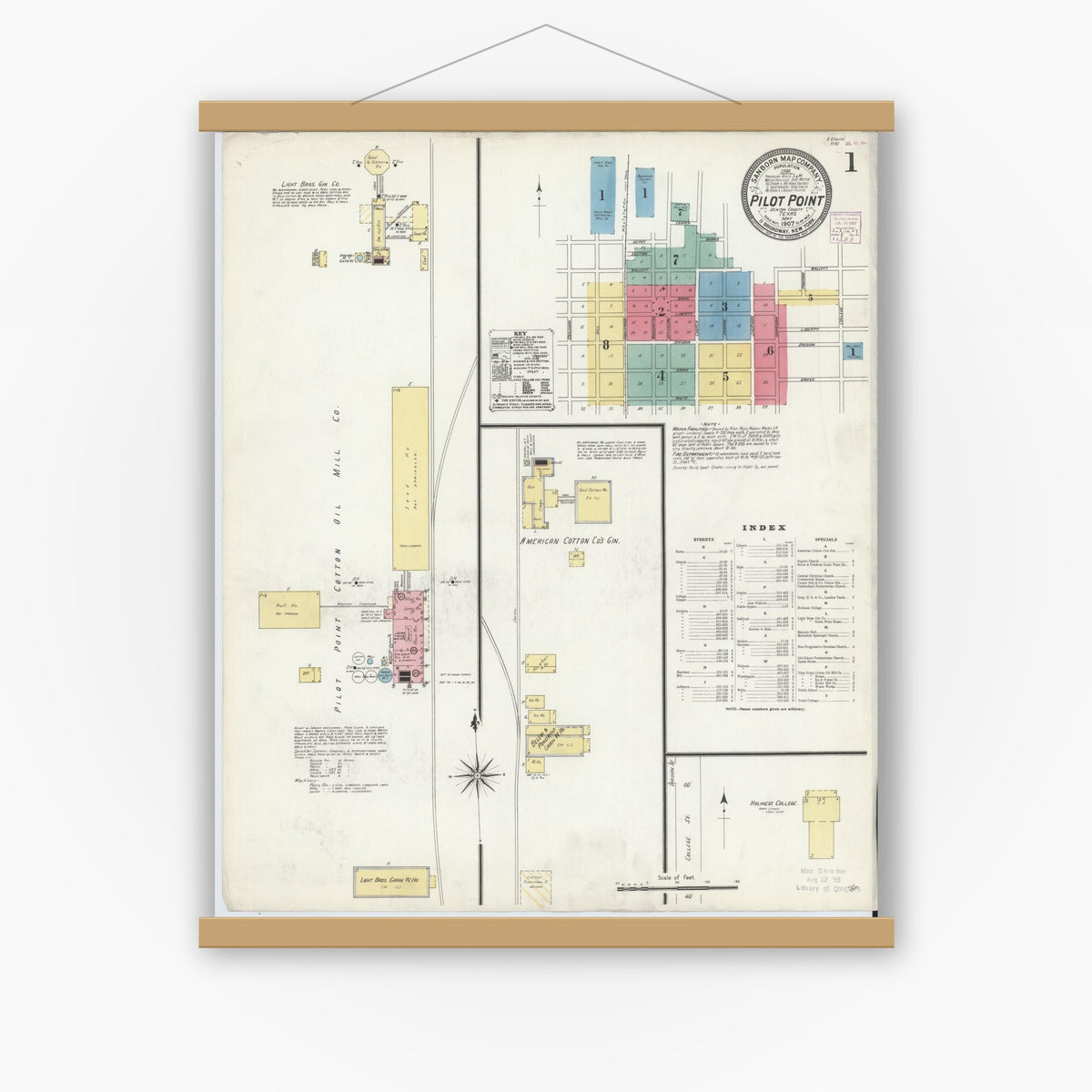 Old map wall art mockup — magnetic wood frame on white wall — Sanborn Fire Insurance Map from Pilot Point, Denton County, Texas (1907) - Complete Map Set
