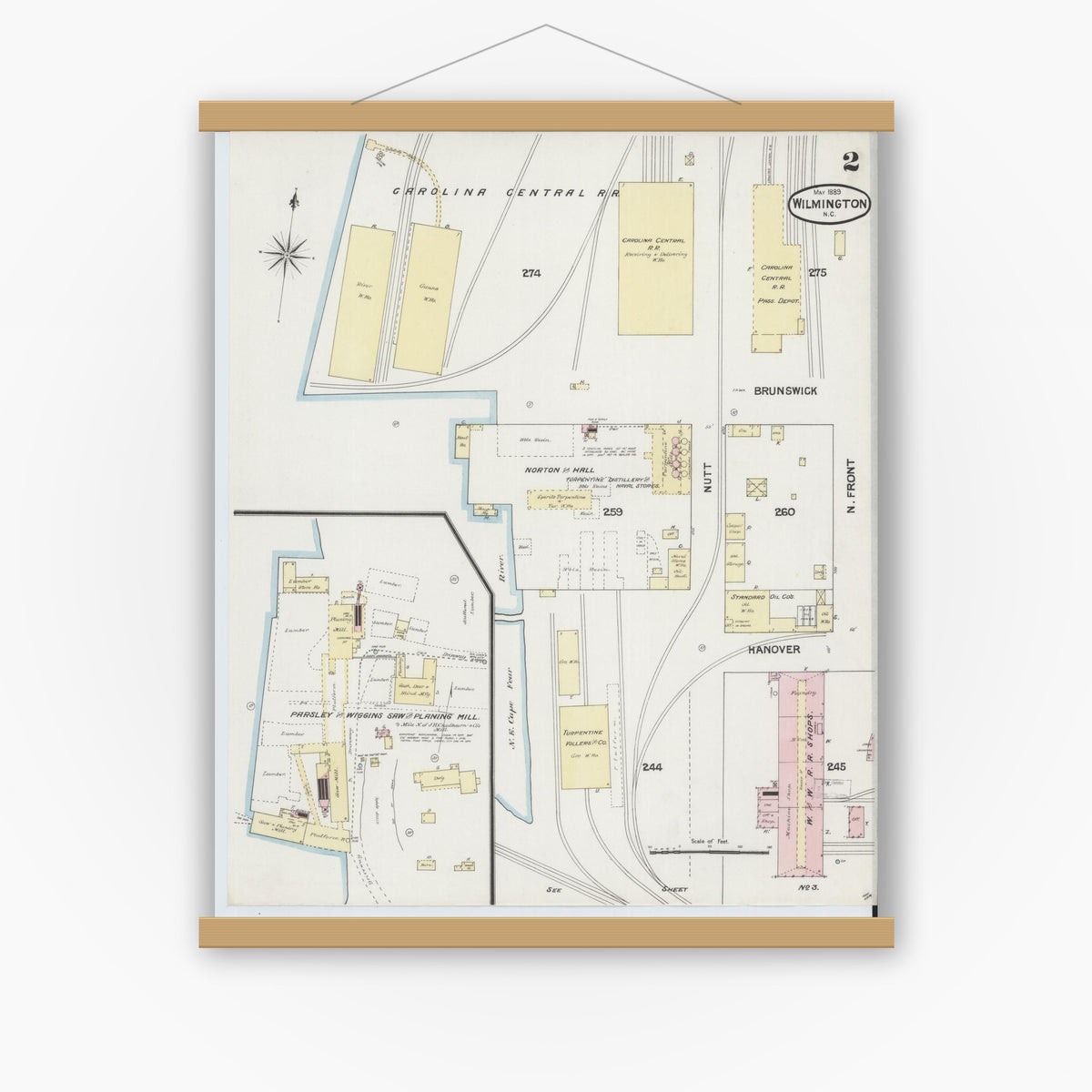 Old map wall art mockup — magnetic wood frame on white wall — Sanborn Fire Insurance Map from Wilmington, New Hanover County, North Carolina (1889), Sheet #0002