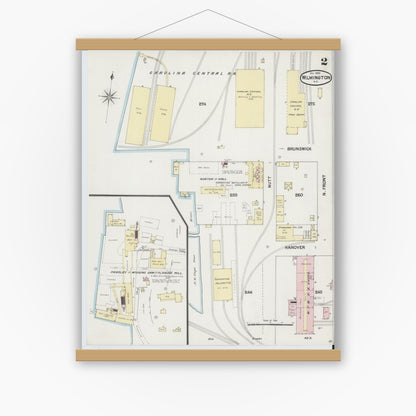 Old map wall art mockup — magnetic wood frame on white wall — Sanborn Fire Insurance Map from Wilmington, New Hanover County, North Carolina (1889), Sheet #0002