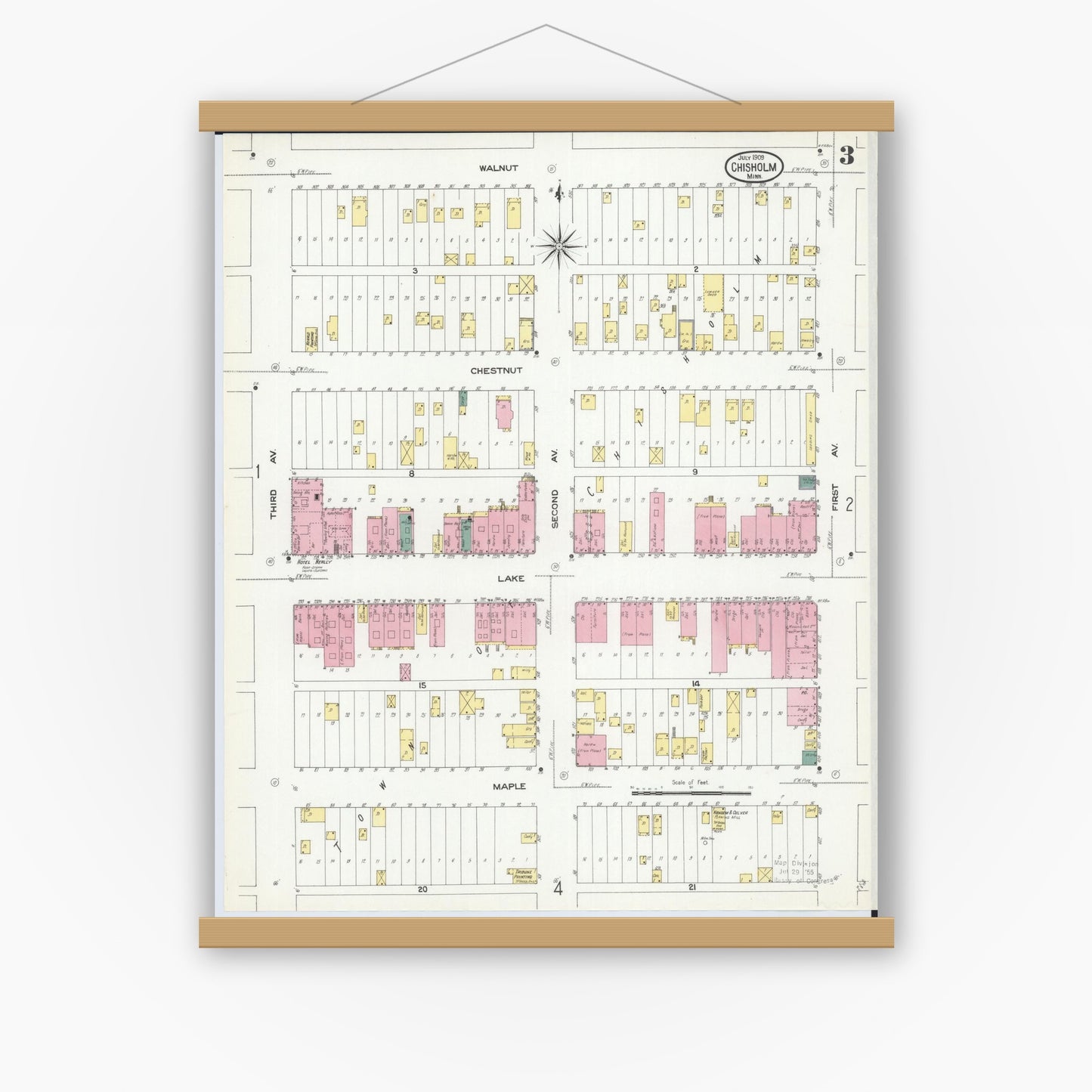 Old map wall art mockup — magnetic wood frame on white wall — Sanborn Fire Insurance Map from Chisholm, Saint Louis County, Minnesota (1909), Sheet #0003