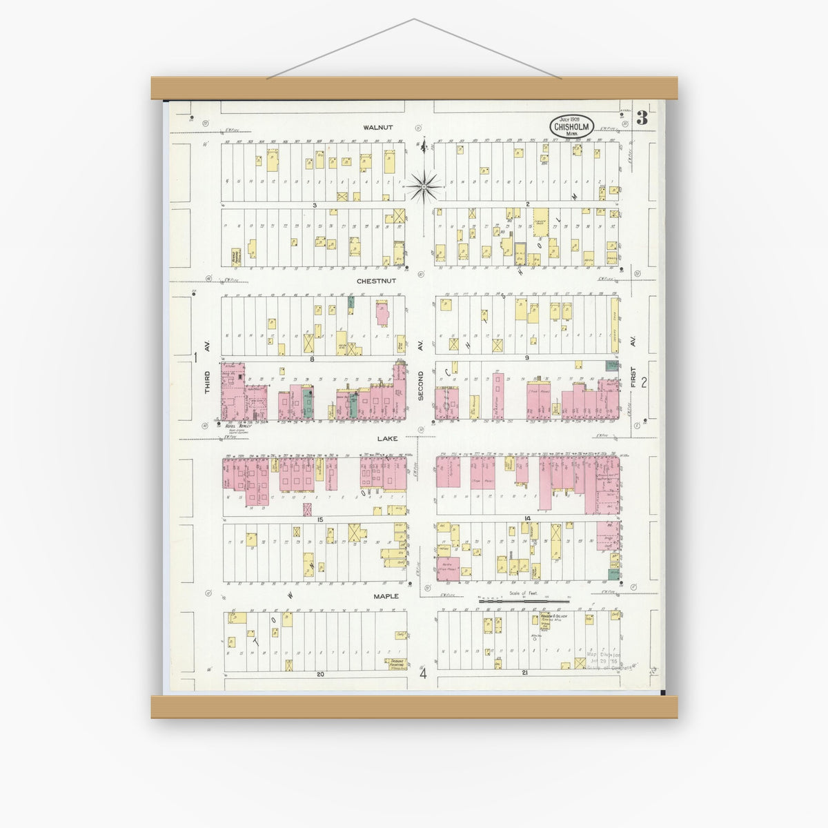 Old map wall art mockup — magnetic wood frame on white wall — Sanborn Fire Insurance Map from Chisholm, Saint Louis County, Minnesota (1909), Sheet #0003