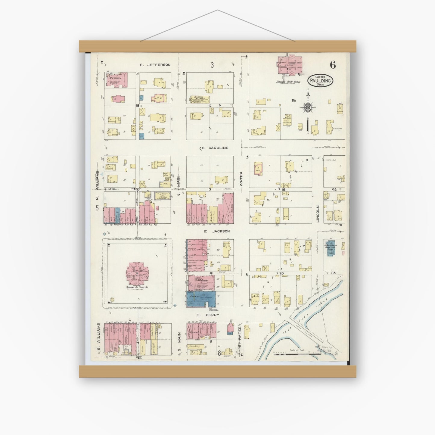Old map wall art mockup — magnetic wood frame on white wall — Sanborn Fire Insurance Map from Paulding, Paulding County, Ohio (1913), Sheet #0006
