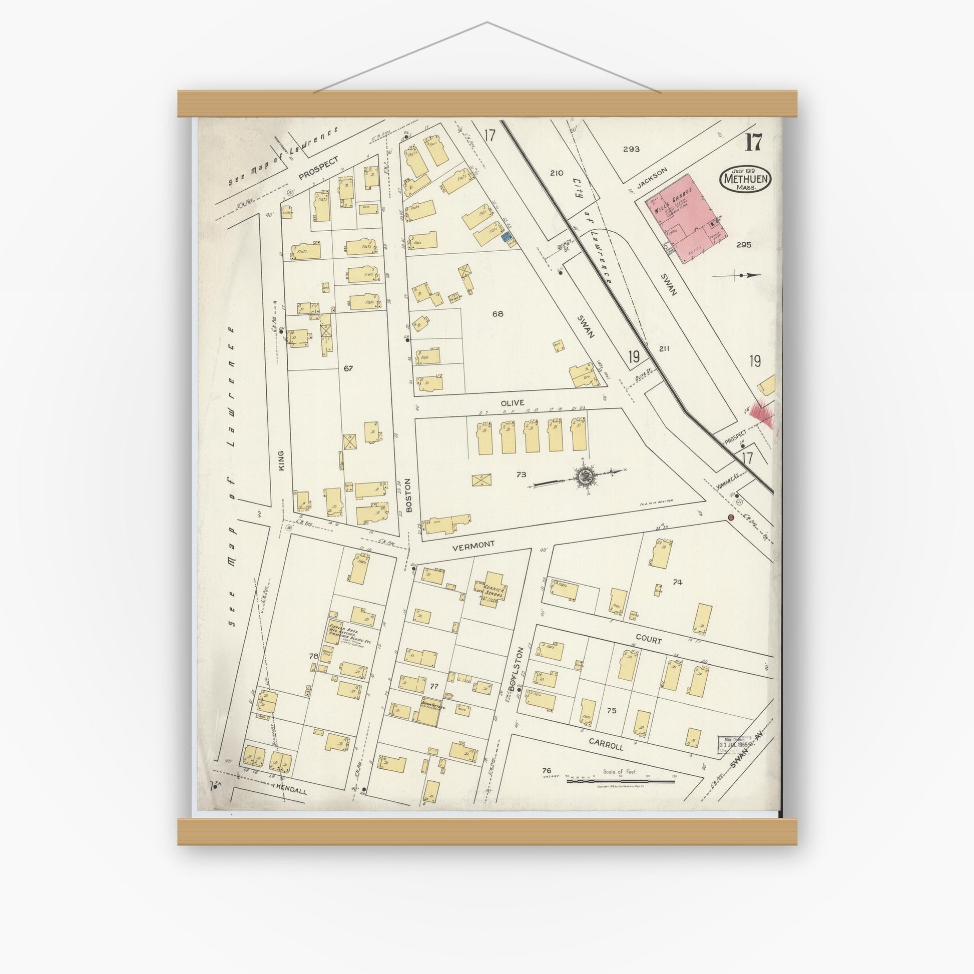 Old map wall art mockup — magnetic wood frame on white wall — Sanborn Fire Insurance Map from Methuen, Essex County, Massachusetts (1919), Sheet #0017