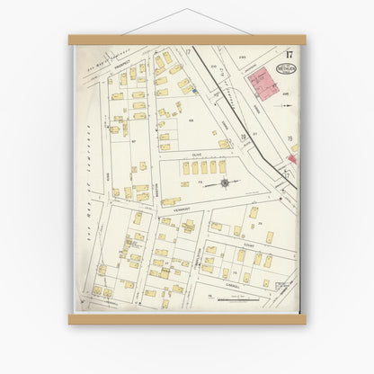 Old map wall art mockup — magnetic wood frame on white wall — Sanborn Fire Insurance Map from Methuen, Essex County, Massachusetts (1919), Sheet #0017