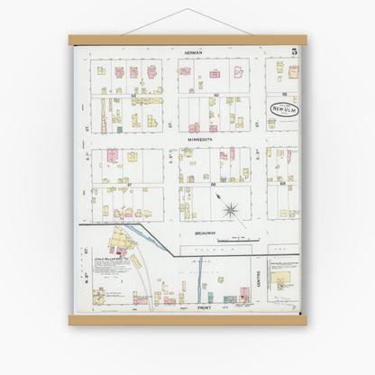 Old map wall art mockup — magnetic wood frame on white wall — Sanborn Fire Insurance Map from New Ulm, Brown County, Minnesota (1889), Sheet #0005