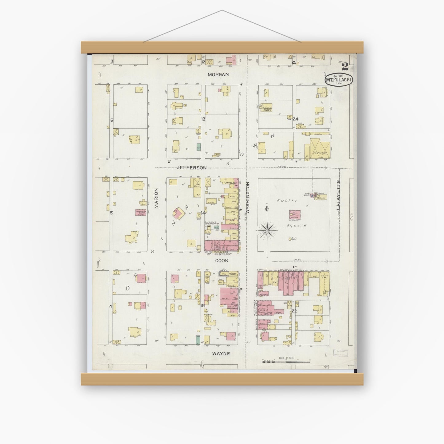 Old map wall art mockup — magnetic wood frame on white wall — Sanborn Fire Insurance Map from Mount Pulaski, Logan County, Illinois (1893), Sheet #0002