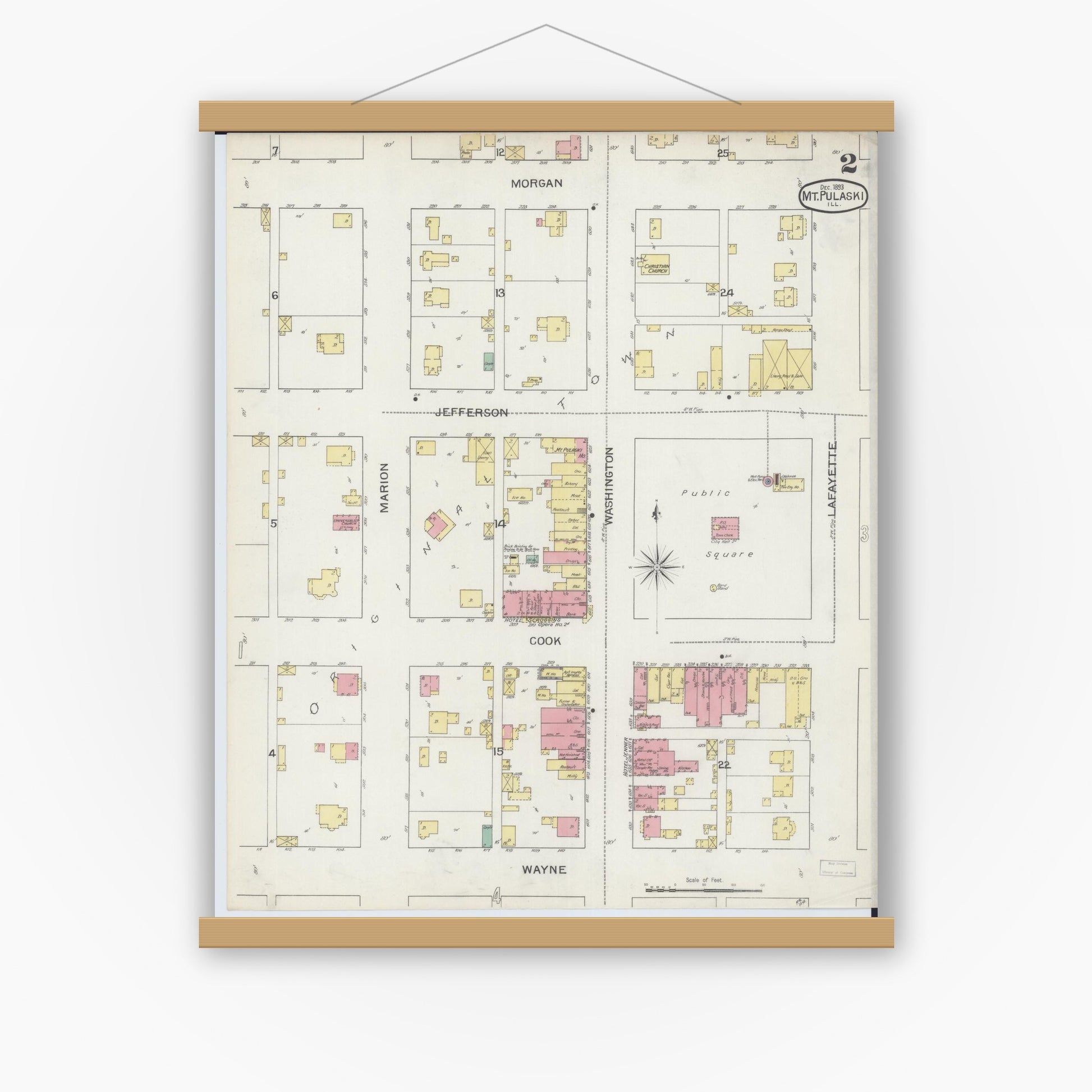 Old map wall art mockup — magnetic wood frame on white wall — Sanborn Fire Insurance Map from Mount Pulaski, Logan County, Illinois (1893), Sheet #0002