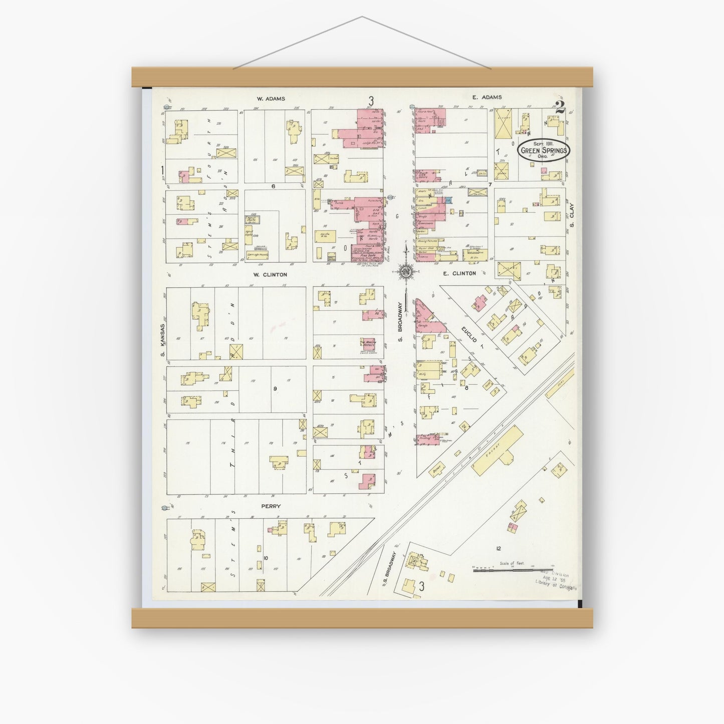Old map wall art mockup — magnetic wood frame on white wall — Sanborn Fire Insurance Map from Green Springs, Sandusky And Seneca Counties, Ohio (1911), Sheet #0002