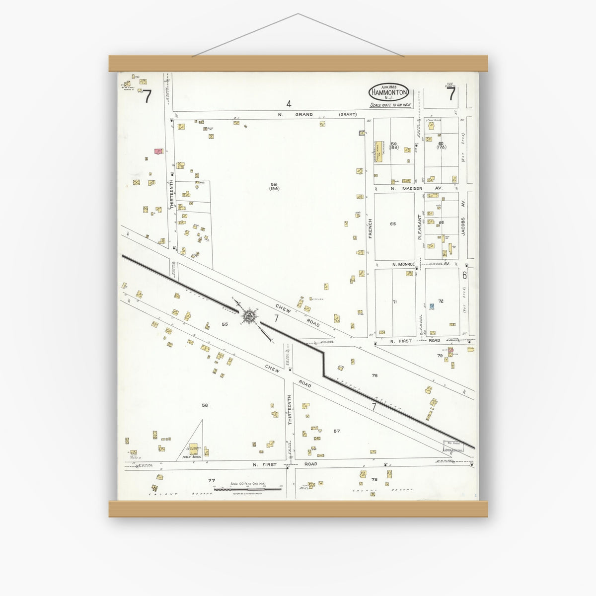 Old map wall art mockup — magnetic wood frame on white wall — Sanborn Fire Insurance Map from Hammonton, Atlantic County, New Jersey (1923), Sheet #0007