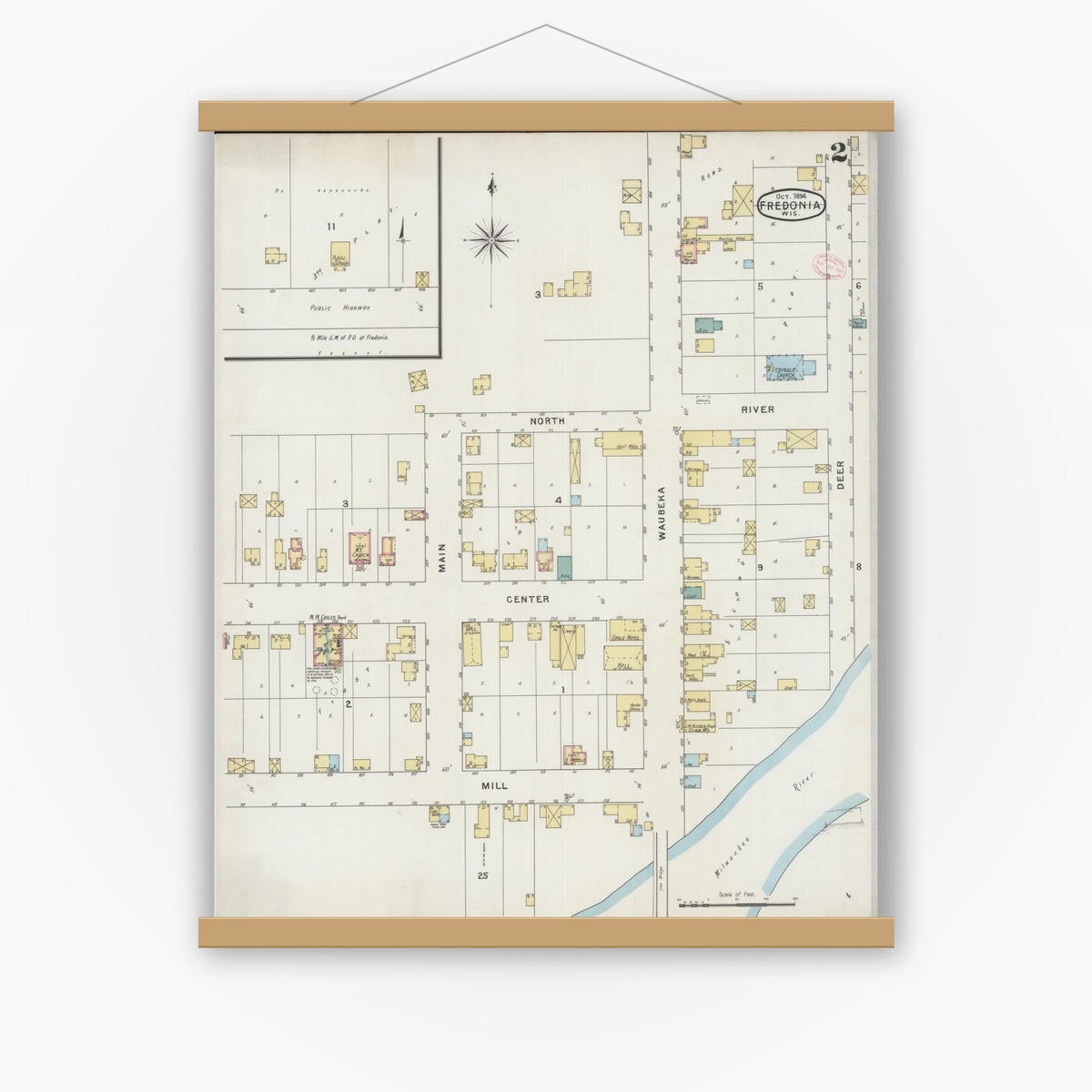 Old map wall art mockup — magnetic wood frame on white wall — Sanborn Fire Insurance Map from Fredonia, Ozaukee County, Wisconsin (1894), Sheet #0002