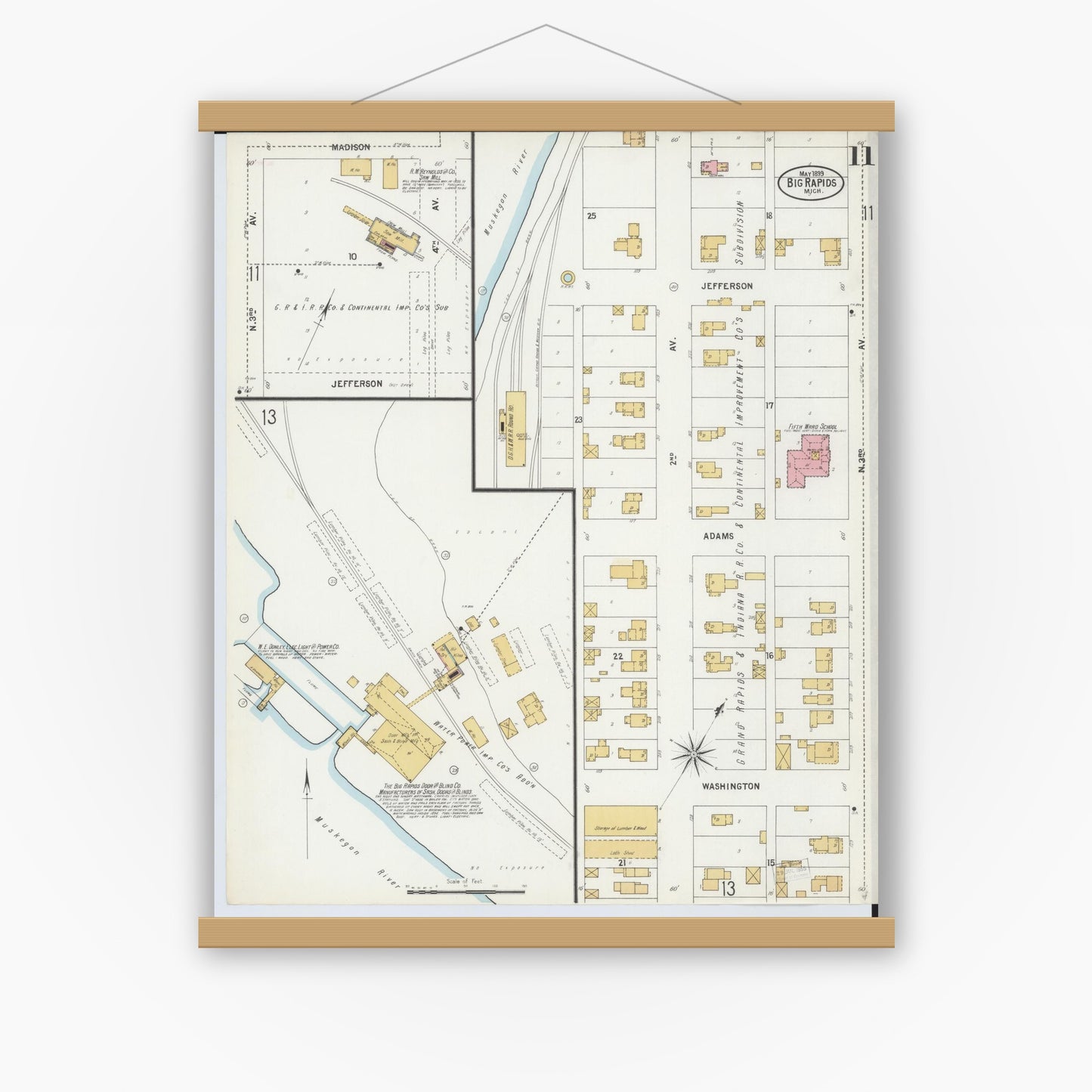 Old map wall art mockup — magnetic wood frame on white wall — Sanborn Fire Insurance Map from Big Rapids, Mecosta County, Michigan (1899), Sheet #0011