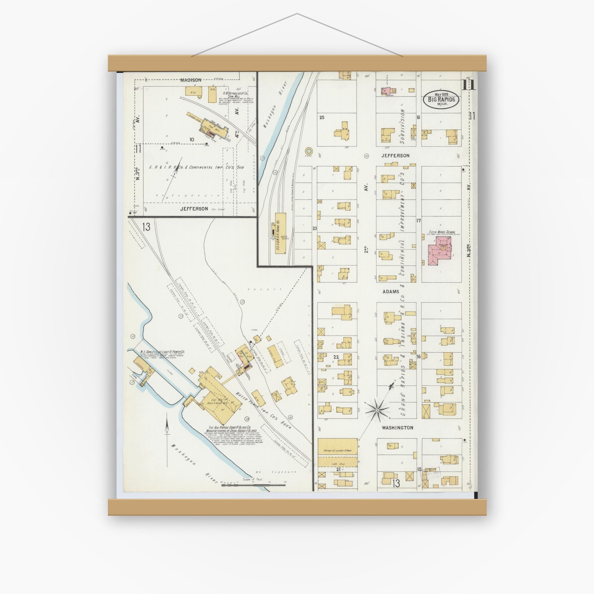 Old map wall art mockup — magnetic wood frame on white wall — Sanborn Fire Insurance Map from Big Rapids, Mecosta County, Michigan (1899), Sheet #0011