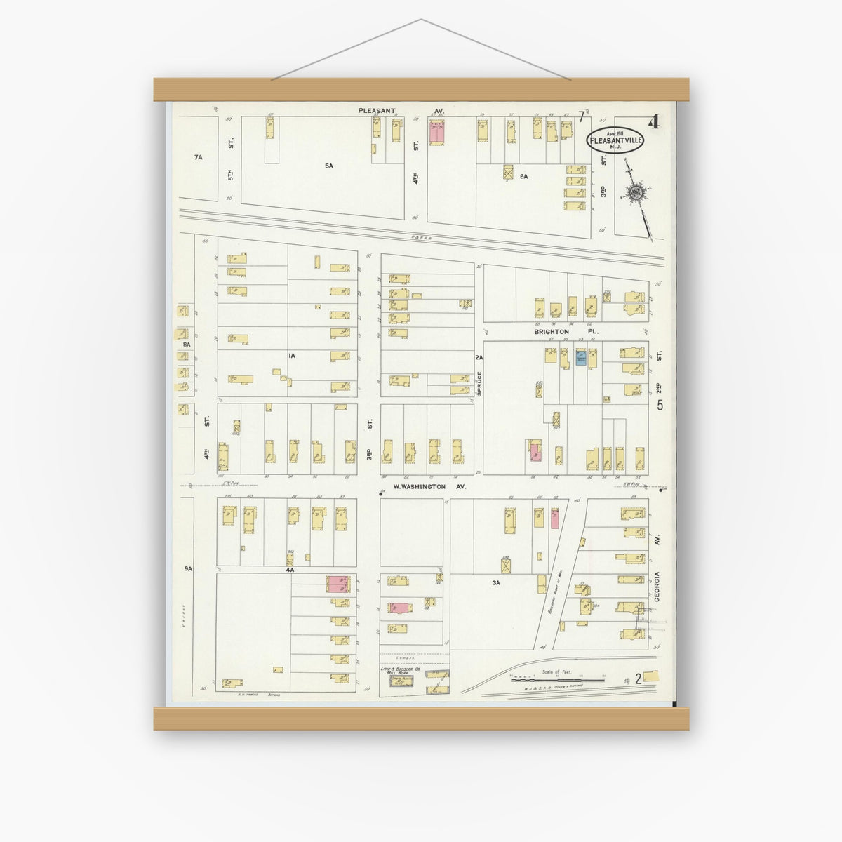 Old map wall art mockup — magnetic wood frame on white wall — Sanborn Fire Insurance Map from Pleasantville, Atlantic County, New Jersey (1911), Sheet #0004