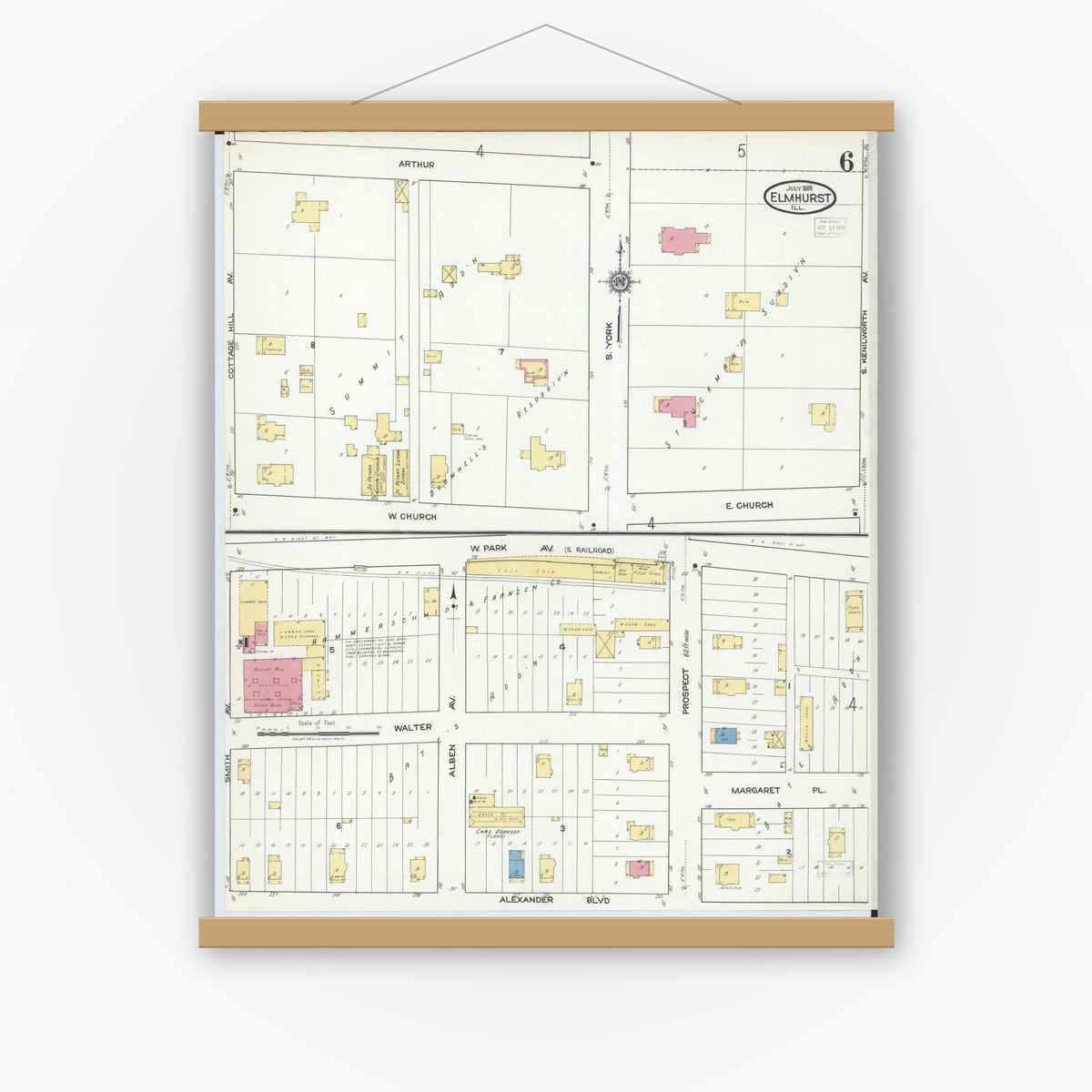 Old map wall art mockup — magnetic wood frame on white wall — Sanborn Fire Insurance Map from Elmhurst, Du Page County, Illinois (1918), Sheet #0006