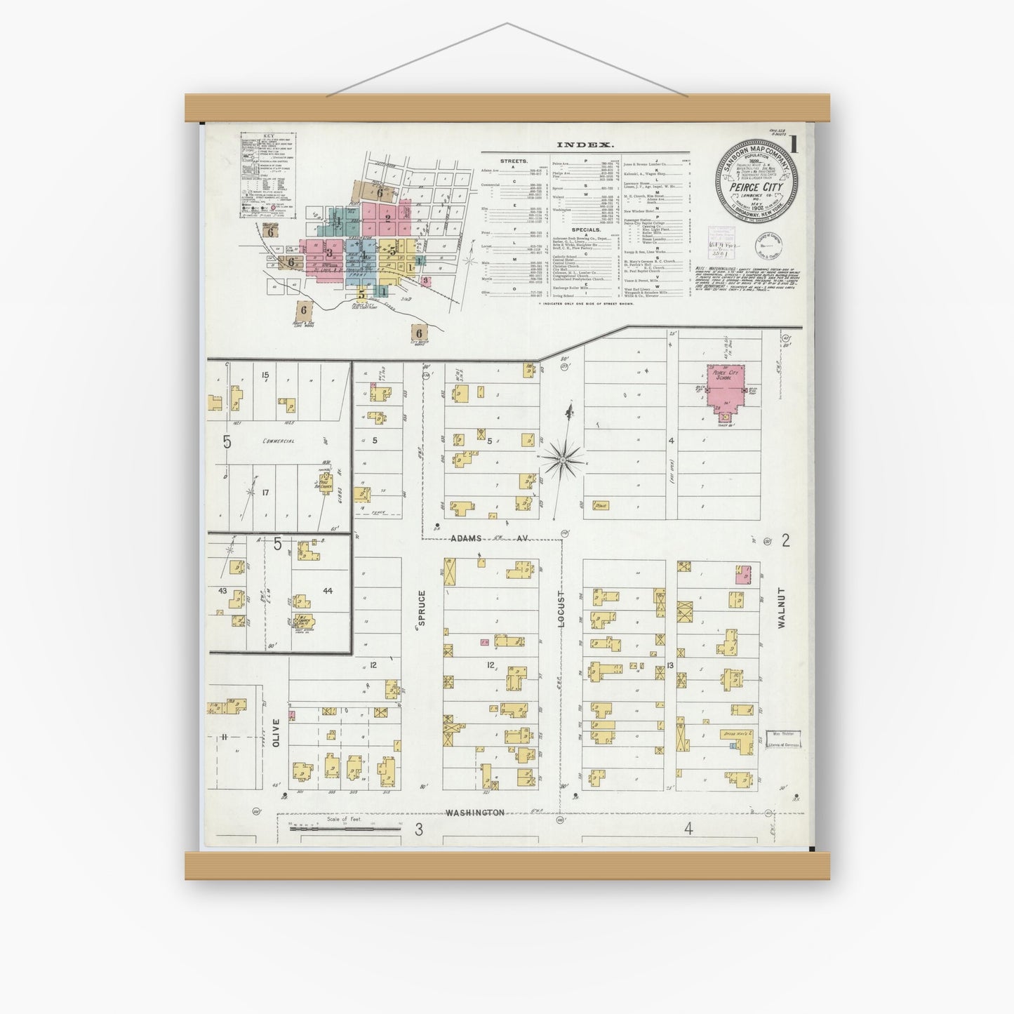 Old map wall art mockup — magnetic wood frame on white wall — Sanborn Fire Insurance Map from Pierce City, Lawrence County, Missouri (1902), Sheet #0001