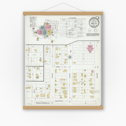 Old map wall art mockup — magnetic wood frame on white wall — Sanborn Fire Insurance Map from Pierce City, Lawrence County, Missouri (1902), Sheet #0001