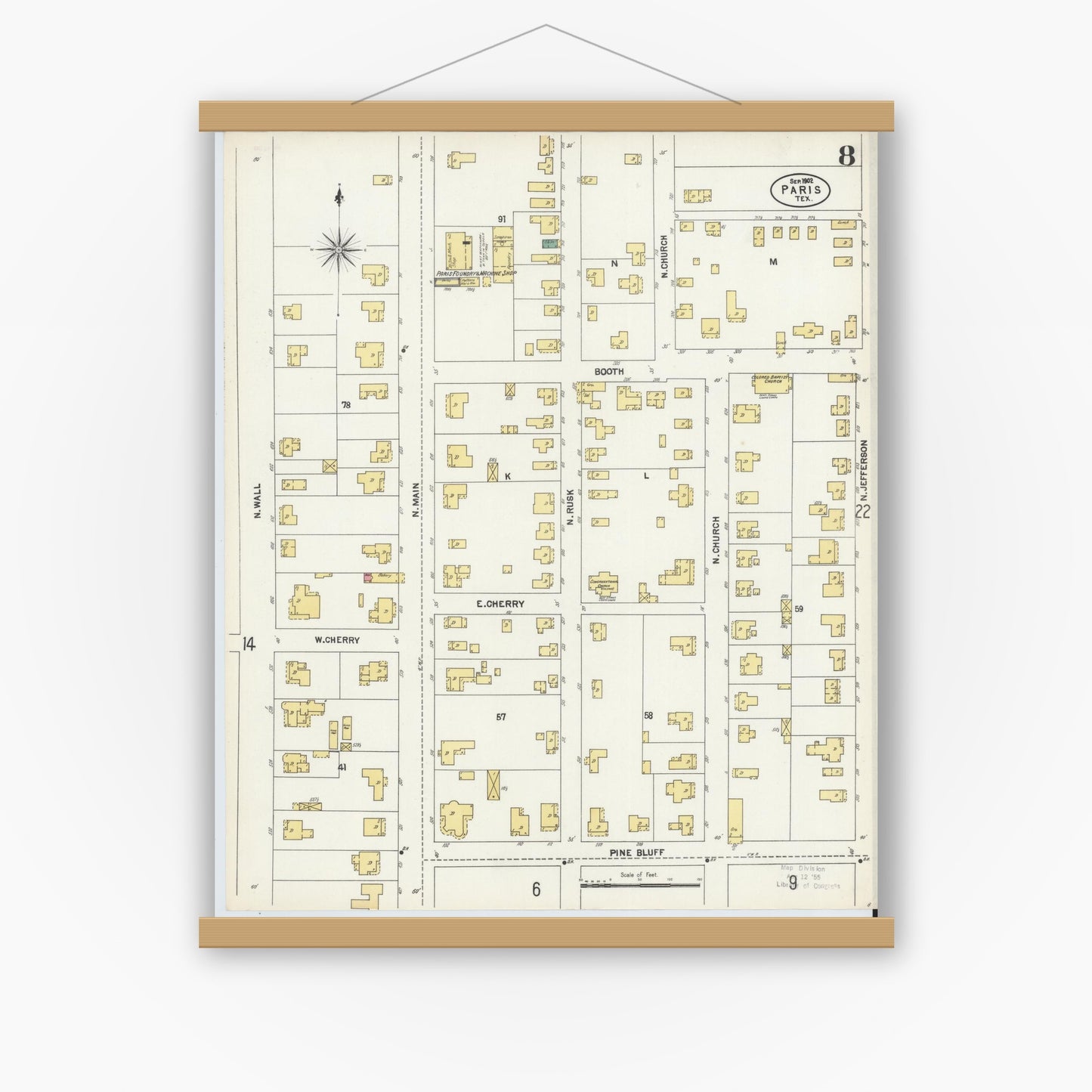 Old map wall art mockup — magnetic wood frame on white wall — Sanborn Fire Insurance Map from Paris, Lamar County, Texas (1902), Sheet #0008
