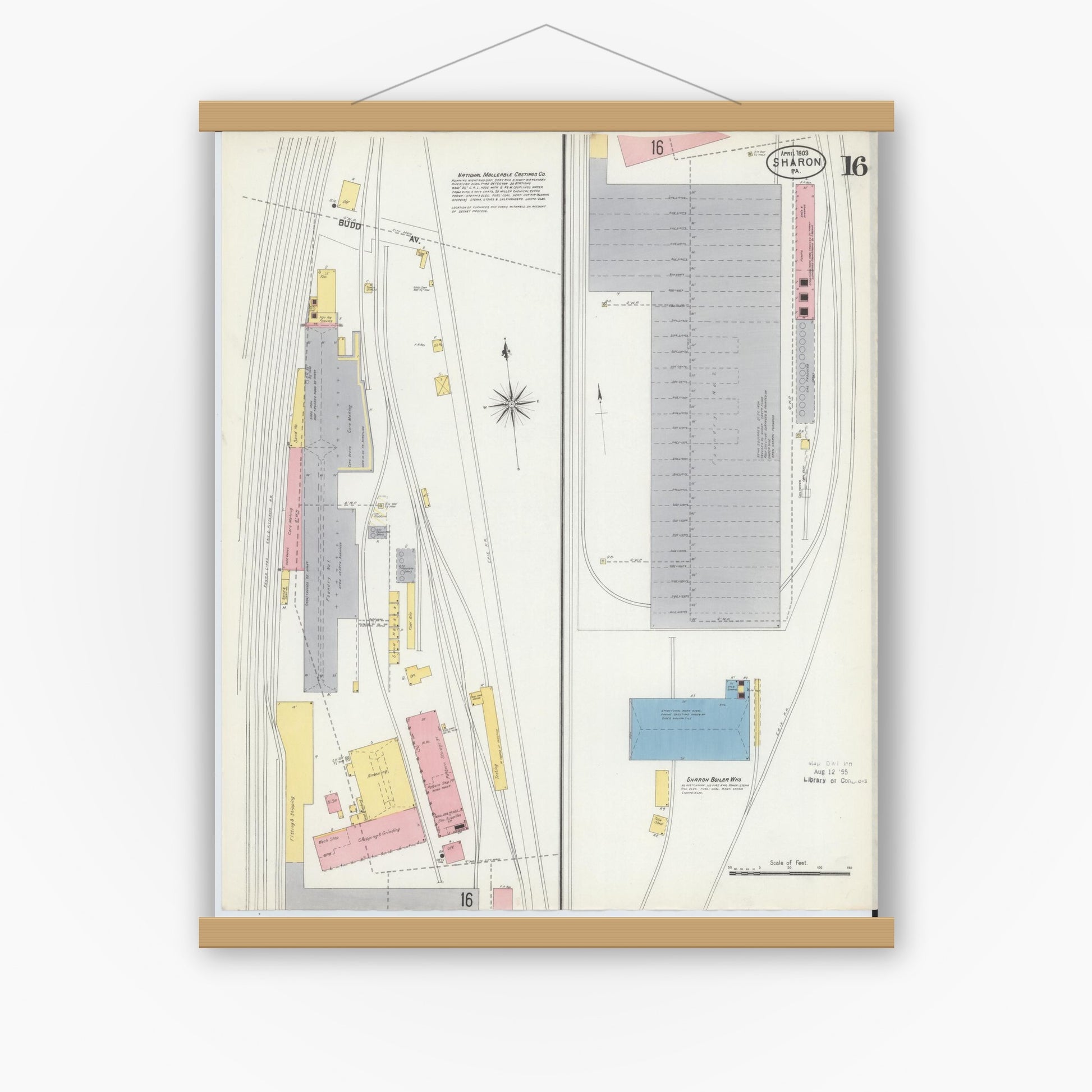 Old map wall art mockup — magnetic wood frame on white wall — Sanborn Fire Insurance Map from Sharon, Mercer County, Pennsylvania (1903), Sheet #0016