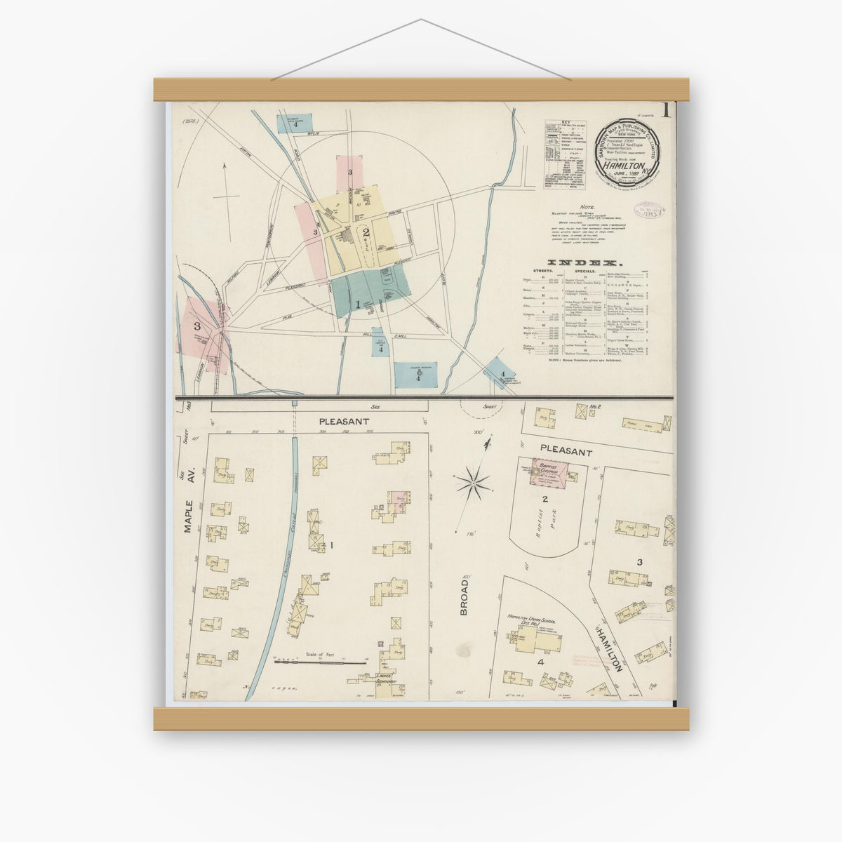 Old map wall art mockup — magnetic wood frame on white wall — Sanborn Fire Insurance Map from Hamilton, Madison County, New York (1887), Sheet #0001