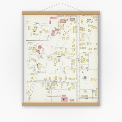 Old map wall art mockup — magnetic wood frame on white wall — Sanborn Fire Insurance Map from Ware, Hampshire County, Massachusetts (1902), Sheet #0009