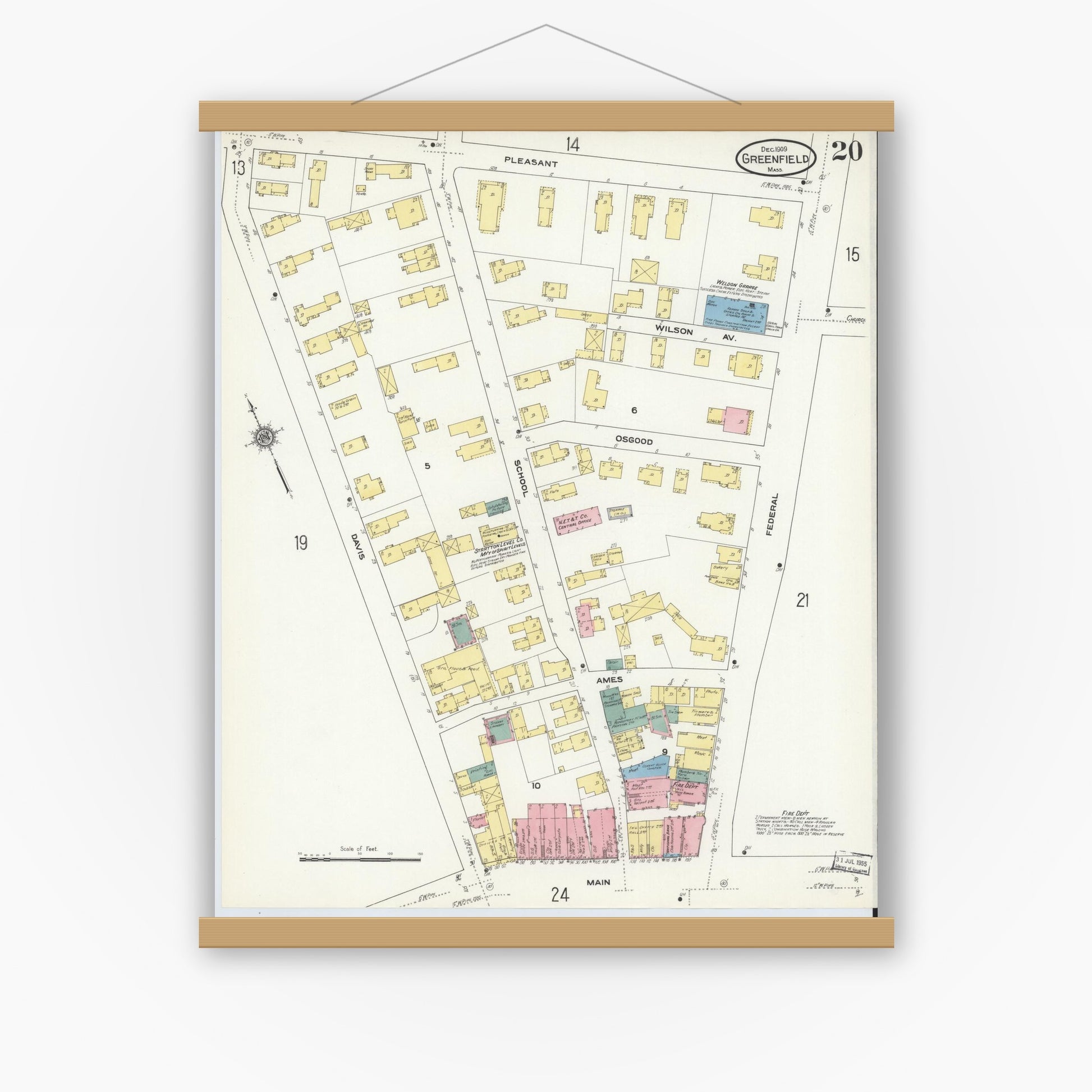 Old map wall art mockup — magnetic wood frame on white wall — Sanborn Fire Insurance Map from Greenfield, Franklin County, Massachusetts (1909), Sheet #0020