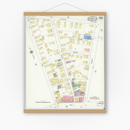 Old map wall art mockup — magnetic wood frame on white wall — Sanborn Fire Insurance Map from Greenfield, Franklin County, Massachusetts (1909), Sheet #0020