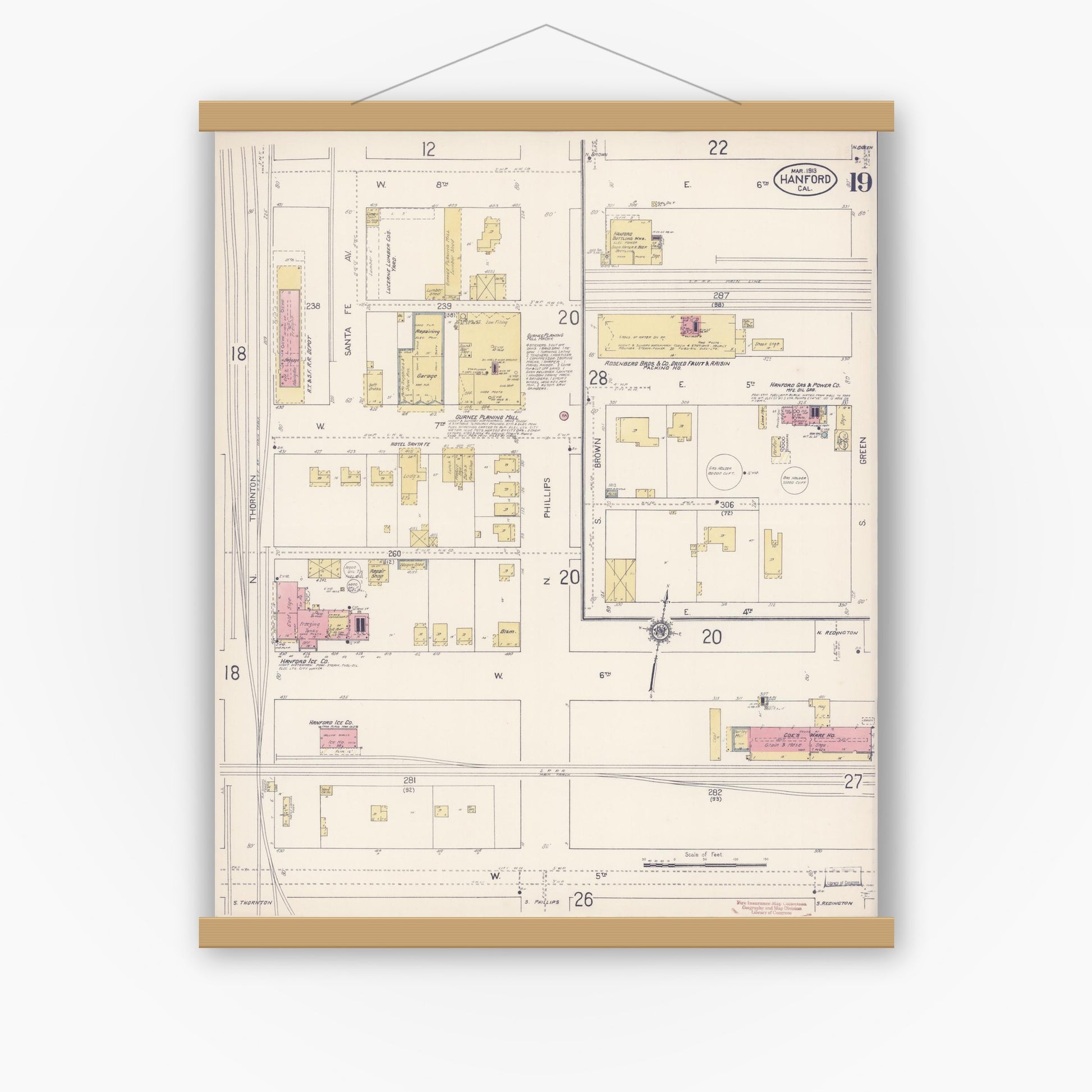 Old map wall art mockup — magnetic wood frame on white wall — Sanborn Fire Insurance Map from Hanford, Kings County, California (1913), Sheet #0019