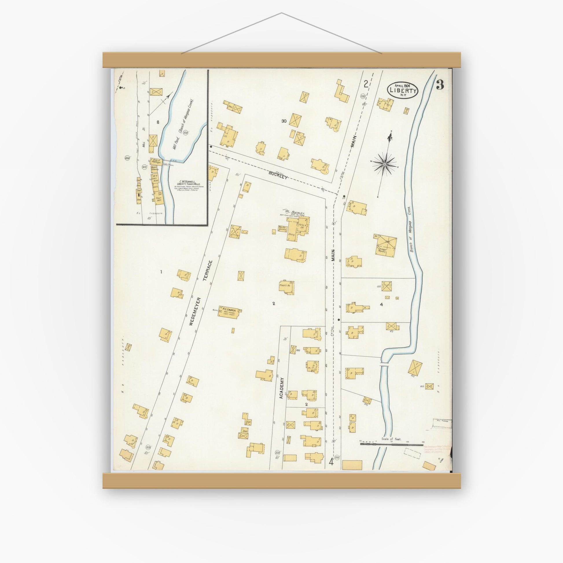 Old map wall art mockup — magnetic wood frame on white wall — Sanborn Fire Insurance Map from Liberty, Sullivan County, New York (1904), Sheet #0003