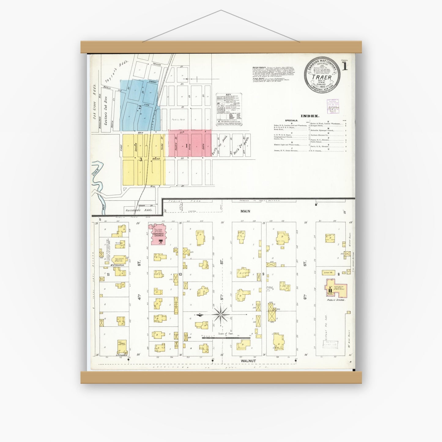 Old map wall art mockup — magnetic wood frame on white wall — Sanborn Fire Insurance Map from Traer, Tama County, Iowa (1902), Sheet #0001