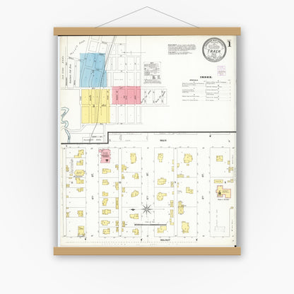 Old map wall art mockup — magnetic wood frame on white wall — Sanborn Fire Insurance Map from Traer, Tama County, Iowa (1902), Sheet #0001