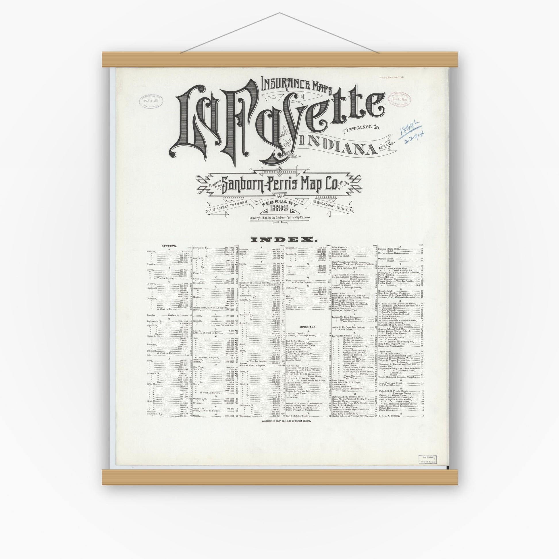 Old map wall art mockup — magnetic wood frame on white wall — Sanborn Fire Insurance Map from Lafayette, Tippecanoe County, Indiana (1899), Sheet #0001