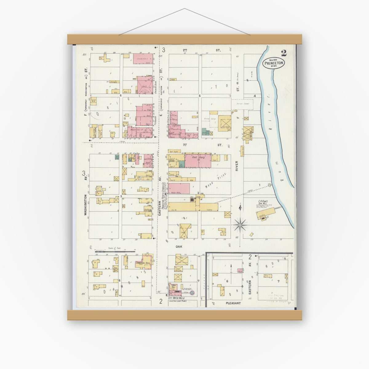 Old map wall art mockup — magnetic wood frame on white wall — Sanborn Fire Insurance Map from Princeton, Mille Lacs County, Minnesota (1899), Sheet #0002