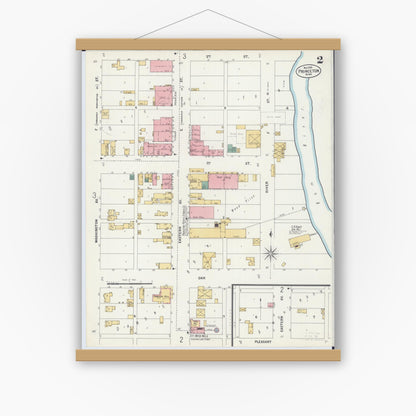 Old map wall art mockup — magnetic wood frame on white wall — Sanborn Fire Insurance Map from Princeton, Mille Lacs County, Minnesota (1899), Sheet #0002
