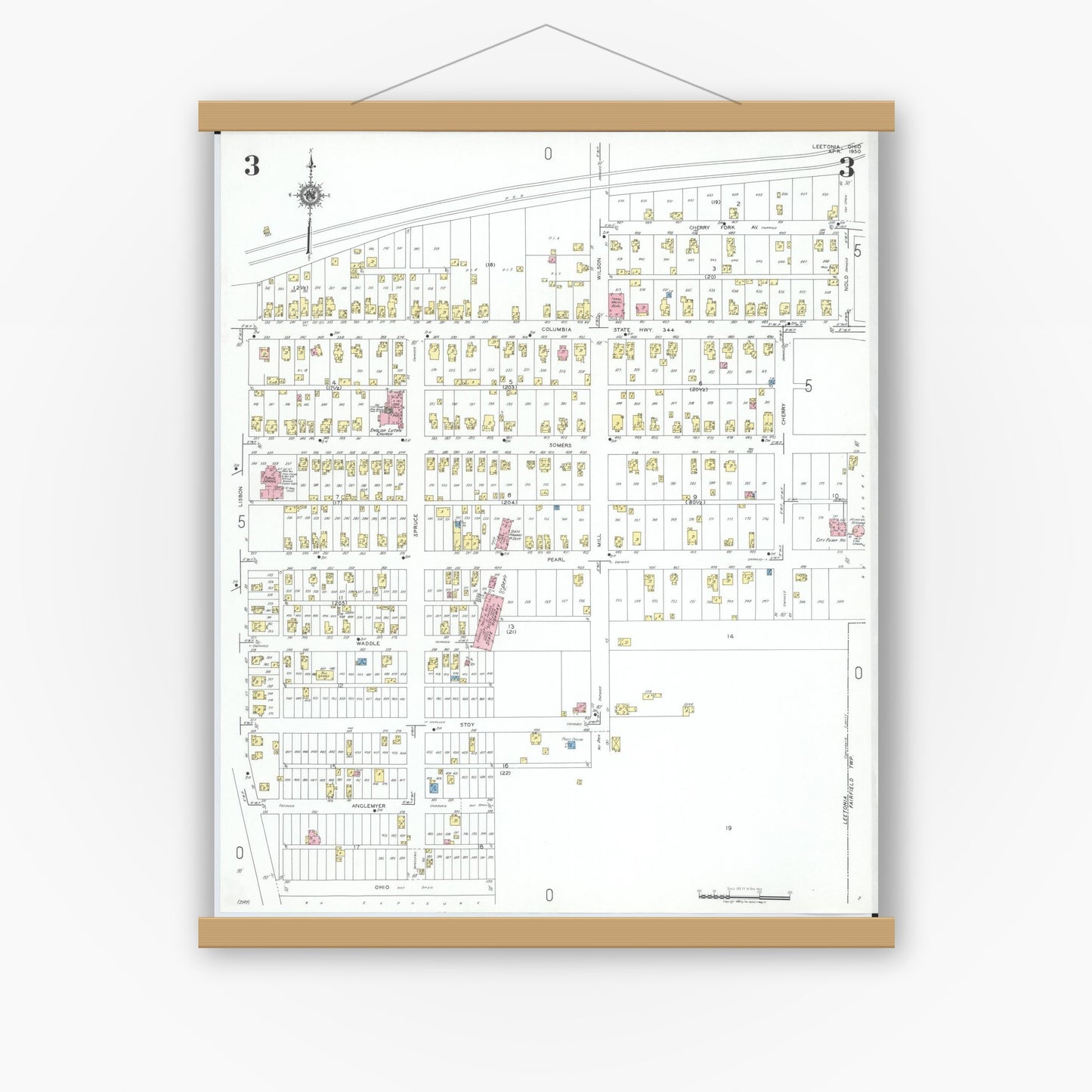Old map wall art mockup — magnetic wood frame on white wall — Sanborn Fire Insurance Map from Leetonia, Columbiana County, Ohio (1950), Sheet #0003