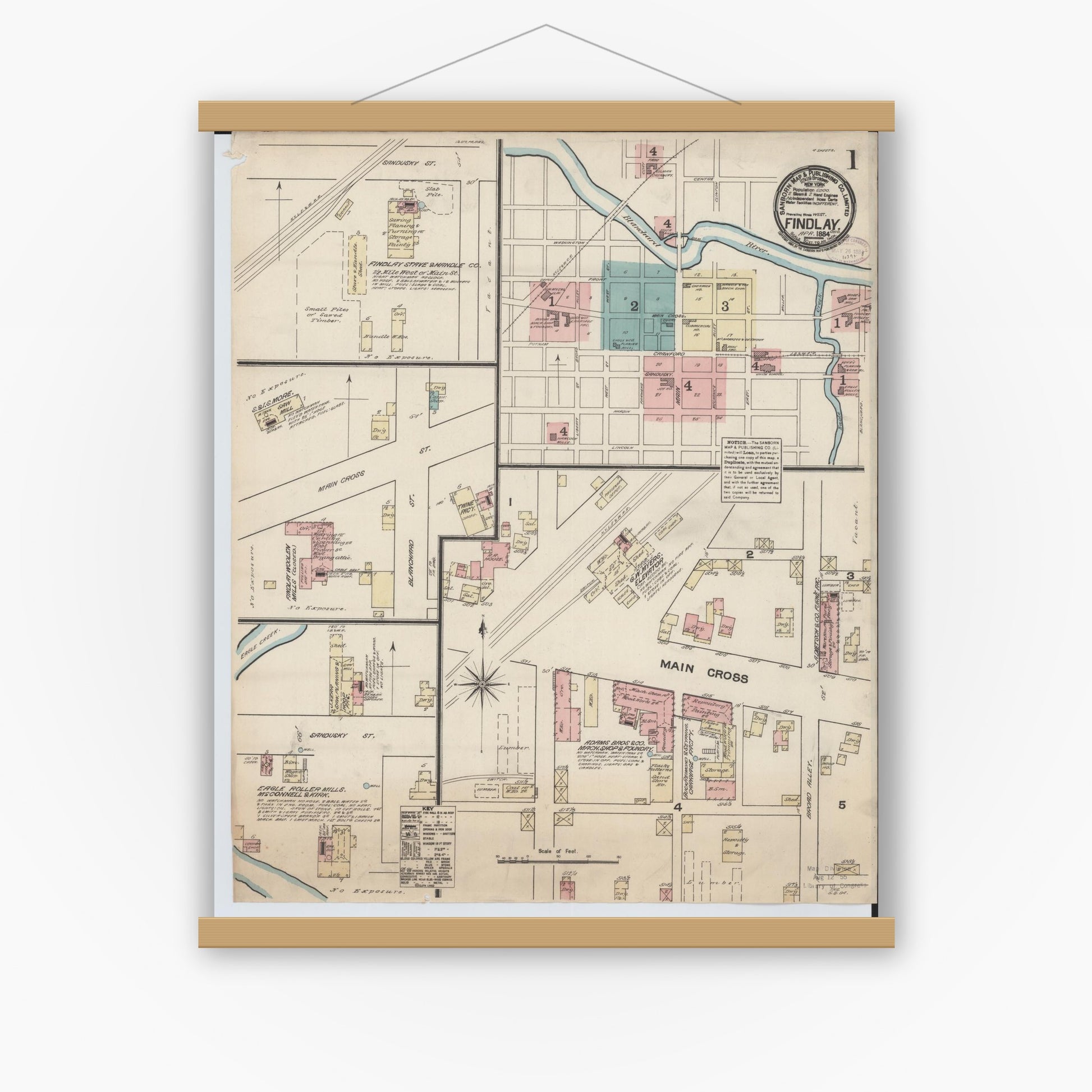 Old map wall art mockup — magnetic wood frame on white wall — Sanborn Fire Insurance Map from Findlay, Hancock County, Ohio (1884), Sheet #0001