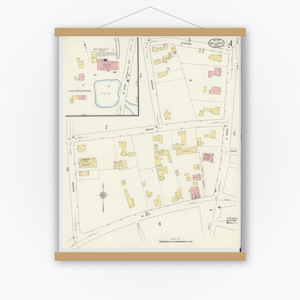 Old map wall art mockup — magnetic wood frame on white wall — Sanborn Fire Insurance Map from Millbury, Worcester County, Massachusetts (1913), Sheet #0004