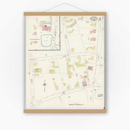 Old map wall art mockup — magnetic wood frame on white wall — Sanborn Fire Insurance Map from Millbury, Worcester County, Massachusetts (1913), Sheet #0004
