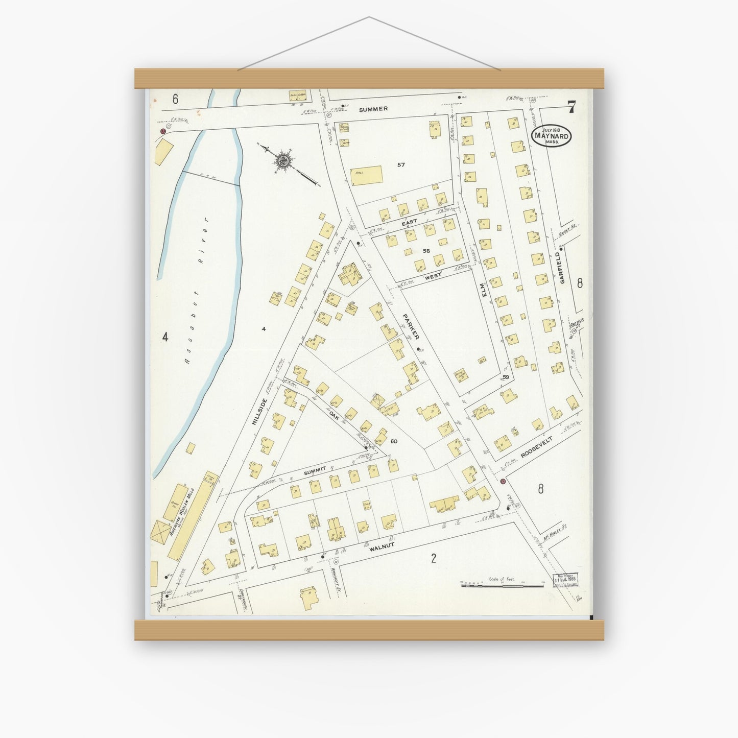 Old map wall art mockup — magnetic wood frame on white wall — Sanborn Fire Insurance Map from Maynard, Middlesex County, Massachusetts (1910), Sheet #0007