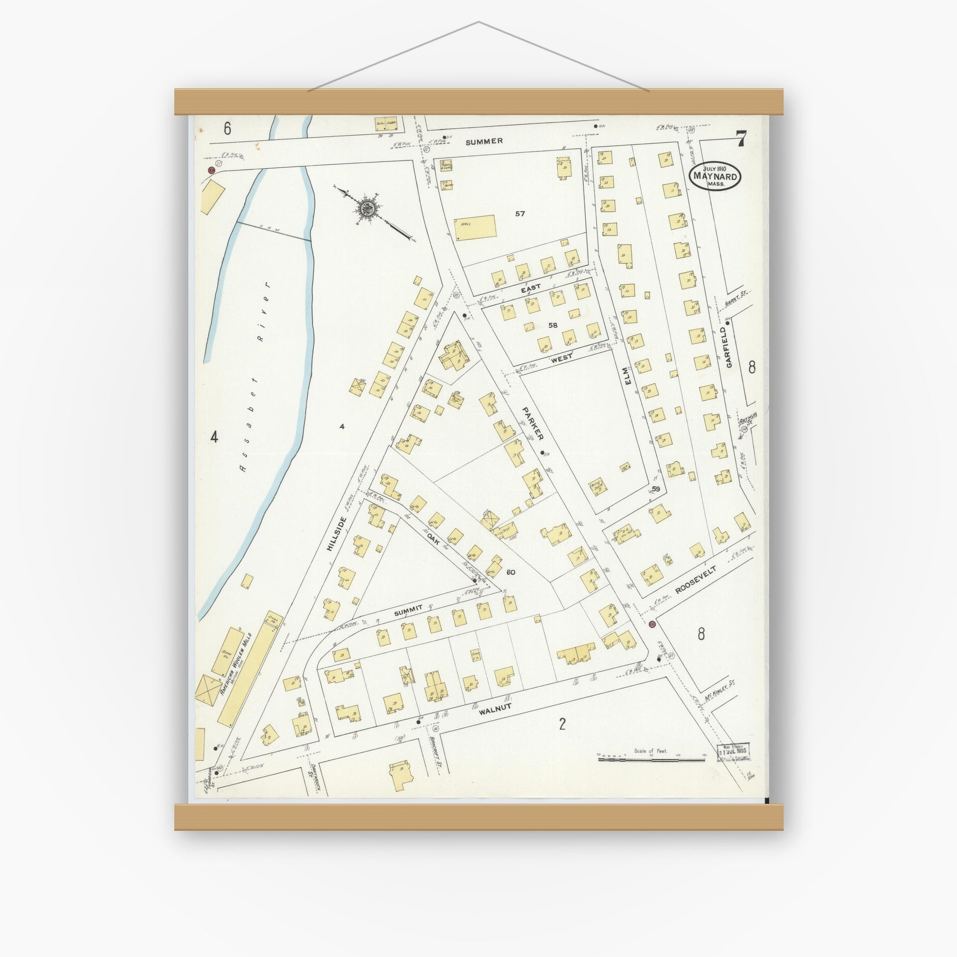 Old map wall art mockup — magnetic wood frame on white wall — Sanborn Fire Insurance Map from Maynard, Middlesex County, Massachusetts (1910), Sheet #0007