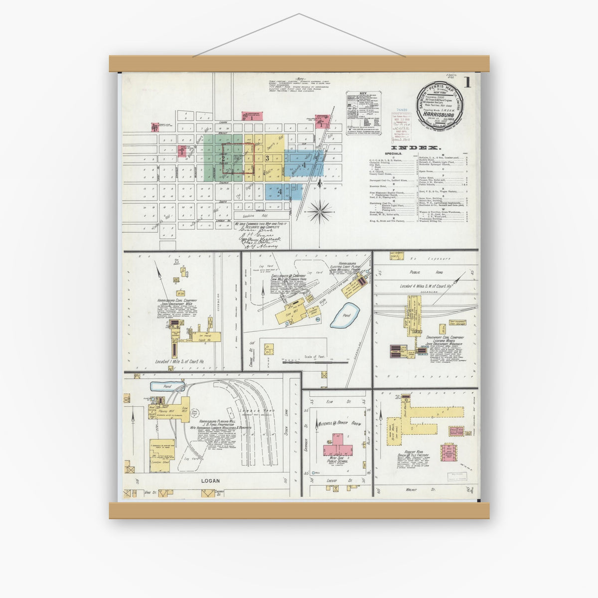 Old map wall art mockup — magnetic wood frame on white wall — Sanborn Fire Insurance Map from Harrisburg, Saline County, Illinois (1900) - Complete Map Set