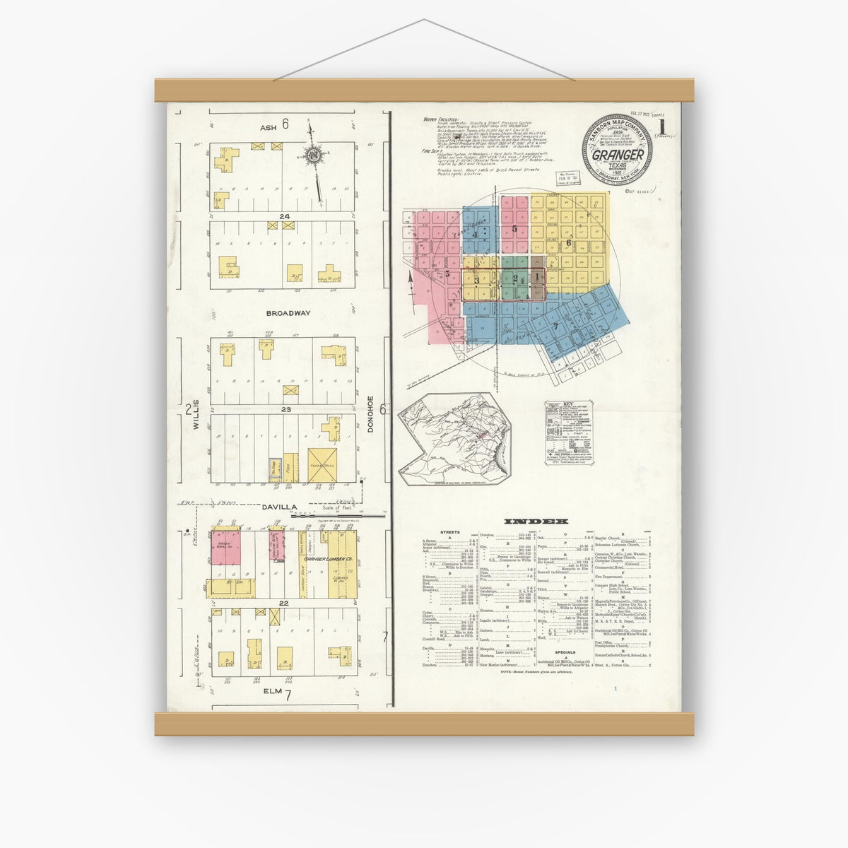 Old map wall art mockup — magnetic wood frame on white wall — Sanborn Fire Insurance Map from Granger, Williamson County, Texas (1921), Sheet #0001