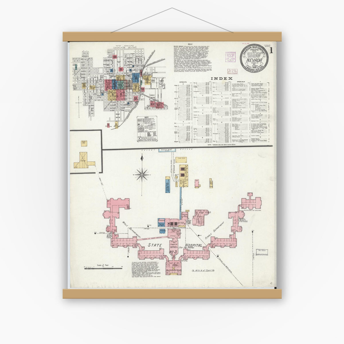 Old map wall art mockup — magnetic wood frame on white wall — Sanborn Fire Insurance Map from Nevada, Vernon County, Missouri (1906), Sheet #0001