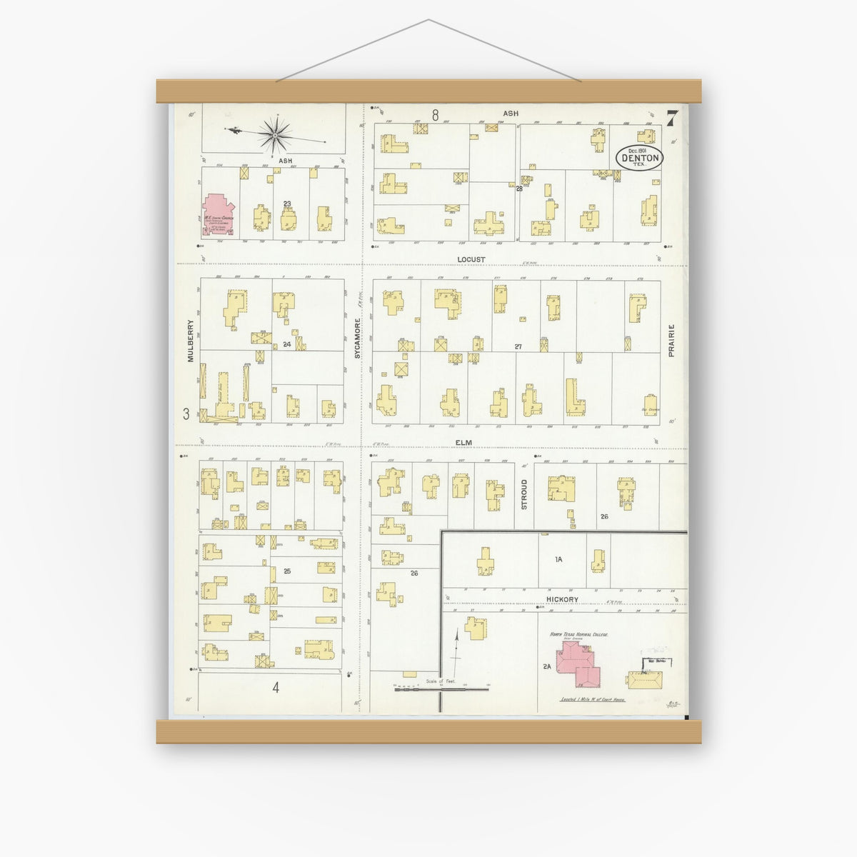 Old map wall art mockup — magnetic wood frame on white wall — Sanborn Fire Insurance Map from Denton, Denton County, Texas (1901), Sheet #0007