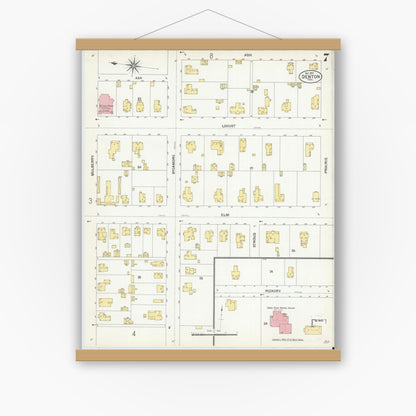 Old map wall art mockup — magnetic wood frame on white wall — Sanborn Fire Insurance Map from Denton, Denton County, Texas (1901), Sheet #0007