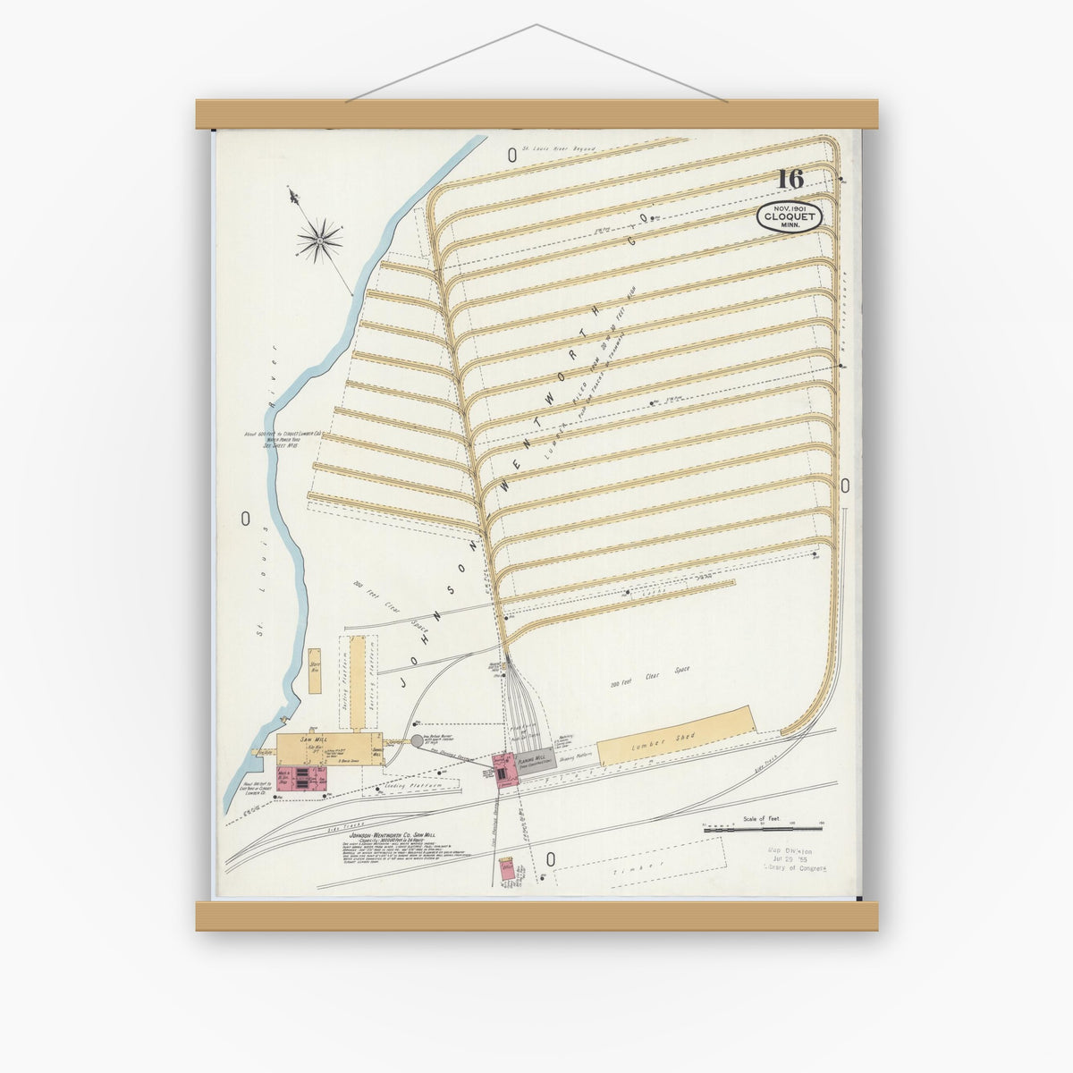 Old map wall art mockup — magnetic wood frame on white wall — Sanborn Fire Insurance Map from Cloquet, Carlton County, Minnesota (1901), Sheet #0016