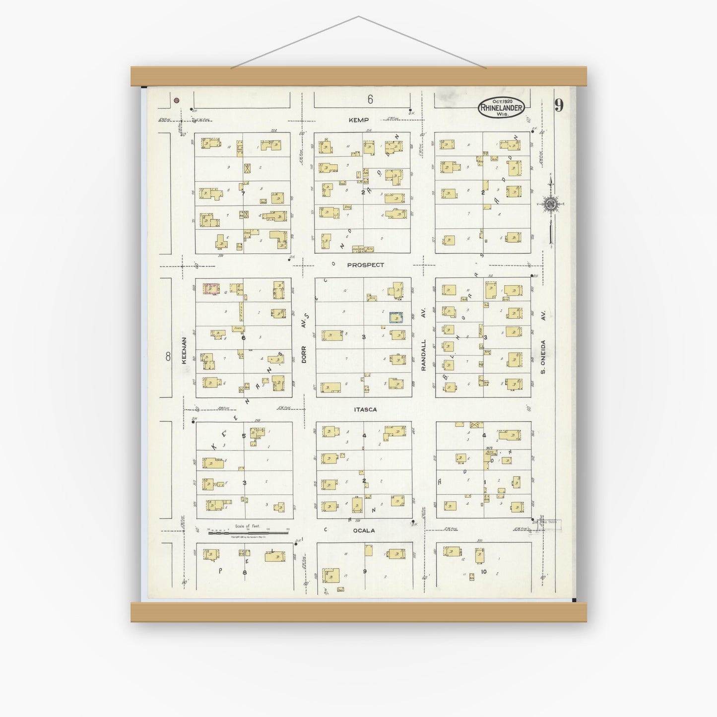 Old map wall art mockup — magnetic wood frame on white wall — Sanborn Fire Insurance Map from Rhinelander, Oneida County, Wisconsin (1920), Sheet #0009